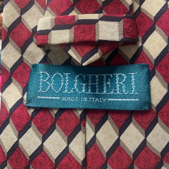 Bolgheri 100% Silk Tie, Burgundy/Tan/Gold/Black Geometric Print, Made In Italy - Picture 3 of 8